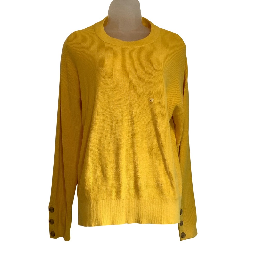Loft Outlet Yellow Ribbed Cotton‎ Crewneck Sweater Button Cuff XL 35964810